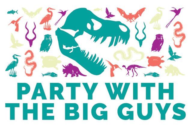 A teal dinosaur head with other science specimens of different colors with the text 'Party with the Big Guys'
